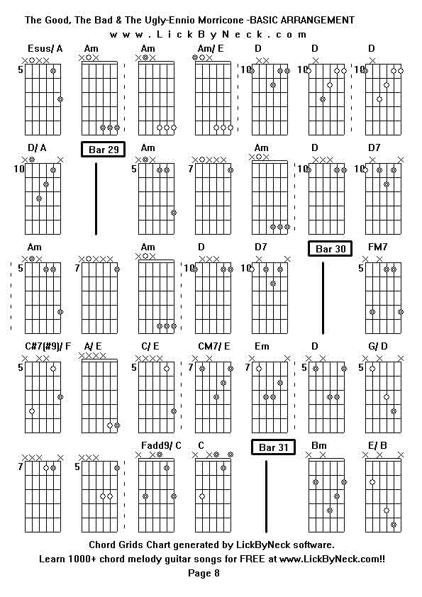 Chord Grids Chart of chord melody fingerstyle guitar song-The Good, The Bad & The Ugly-Ennio Morricone -BASIC ARRANGEMENT,generated by LickByNeck software.